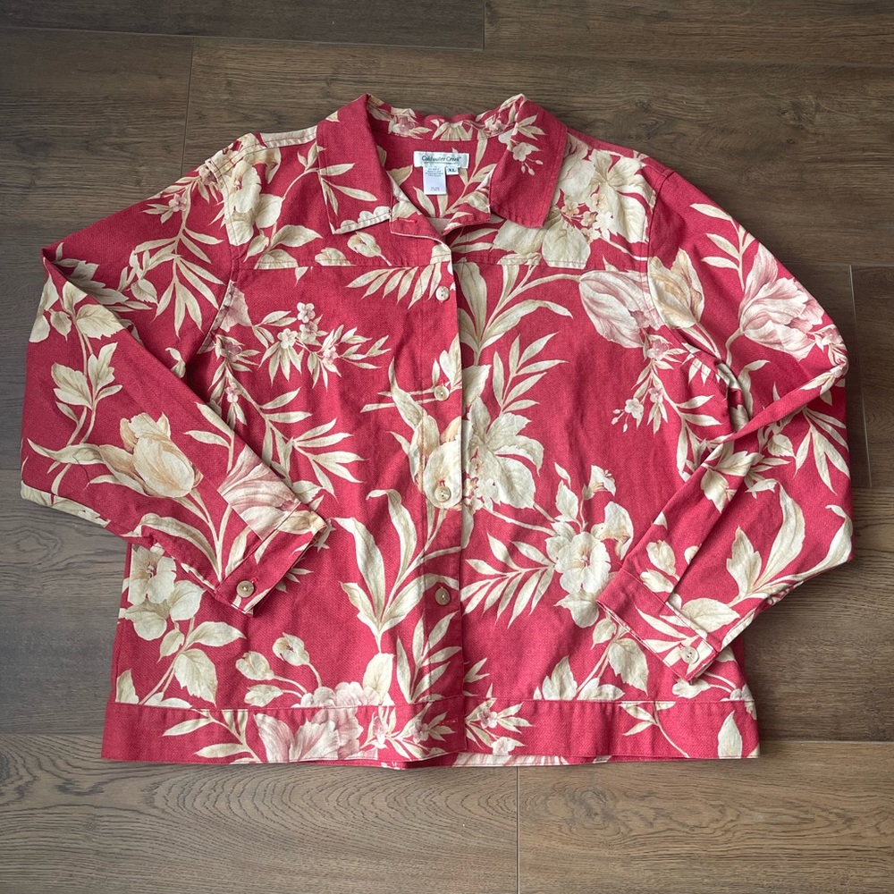 Coldwater Creek Floral Jacket Womens XL 100% Cotton Button Up Long Sleeve Red